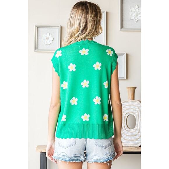 First Love Flower Pattern Crew Neck Ribbed Hem Sleeveless Sweater Vest | Green - Picture 2 of 6